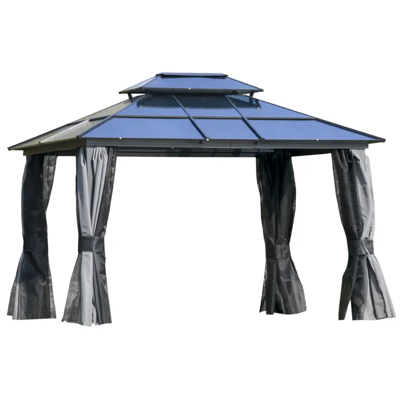  10' x 12' Hardtop Gazebo Canopy with Polycarbonate Roof, Aluminum Frame, Permanent Pavilion Outdoor Gazebo with Netting, for Patio, Garden, Backyard, Deck, Lawn, Light Gray