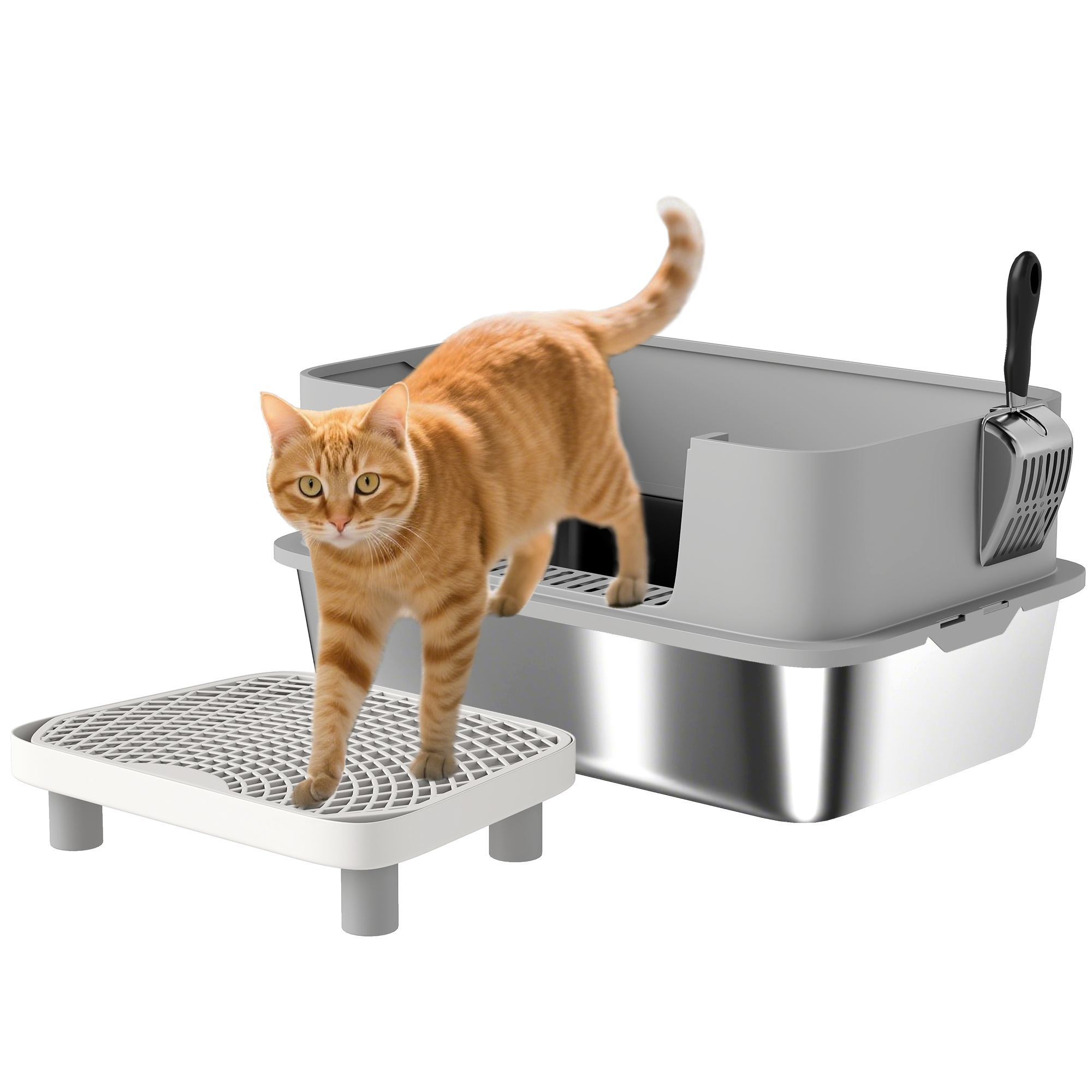 Stainless Steel Litter Box with High Sides, Metal Cat Litter Box with Scoop, Pedal, Anti-Urine Leakage, Non-Sticky