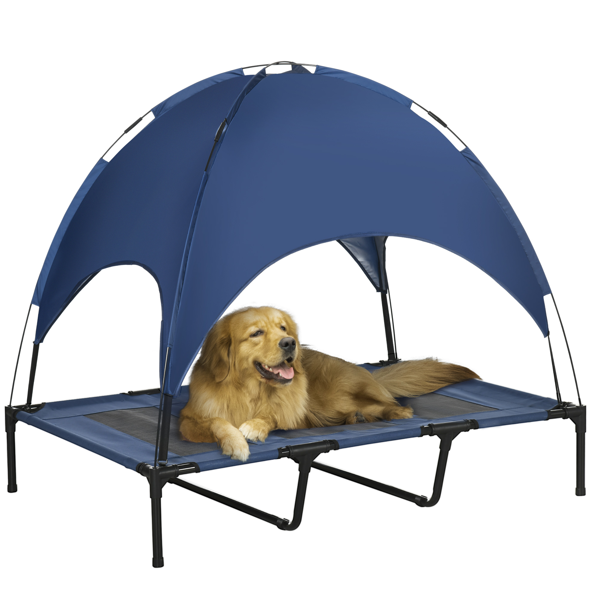 48" x 36" Elevated Portable Dog Cot Cooling Pet Bed with UV Protection Canopy Shade, Dark Blue