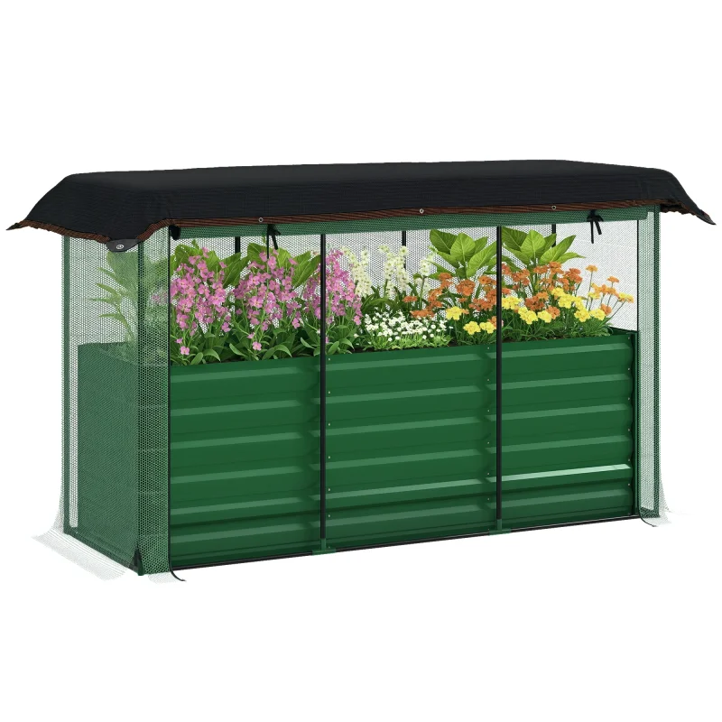 Galvanized Steel Planter Box with Crop Cage and Shade Cloth, Raised Garden Bed for Flowers, Veggies and Herbs, Green
