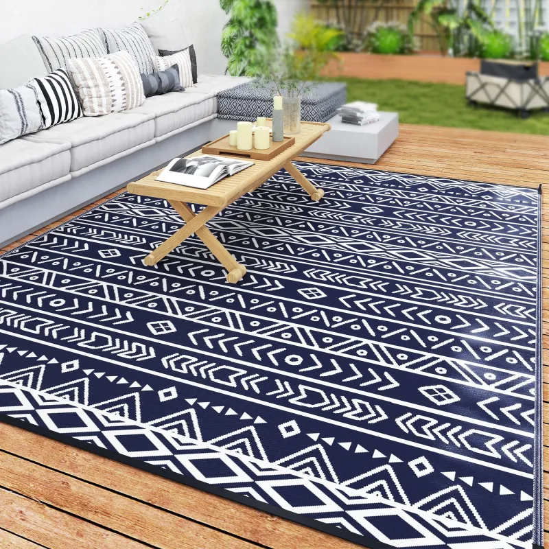 Reversible Outdoor Rug, Waterproof Plastic Straw with Carry Bag, 8' x 10', Blue & White Geometric