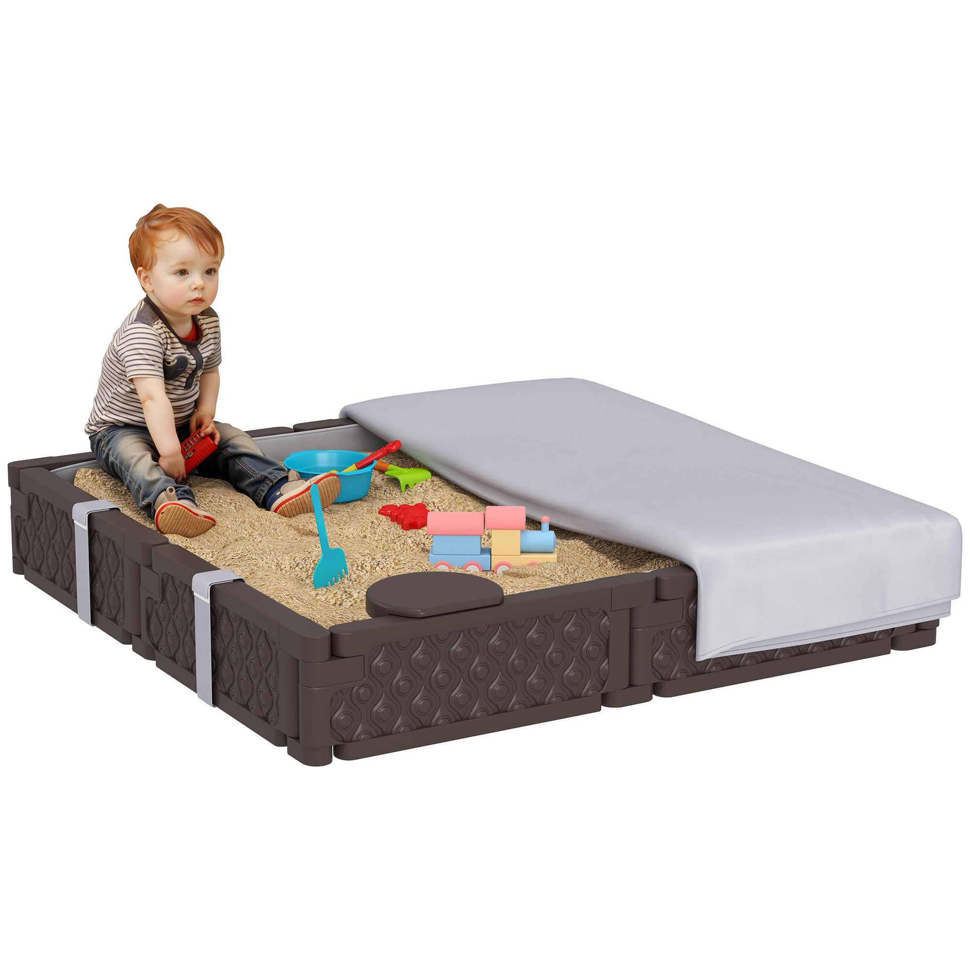 Kids Sandbox with Cover, 4 Corner Seats, Bottom Liner for Backyard, Garden, Outdoor, 47" x 47" x 9", Dark Brown