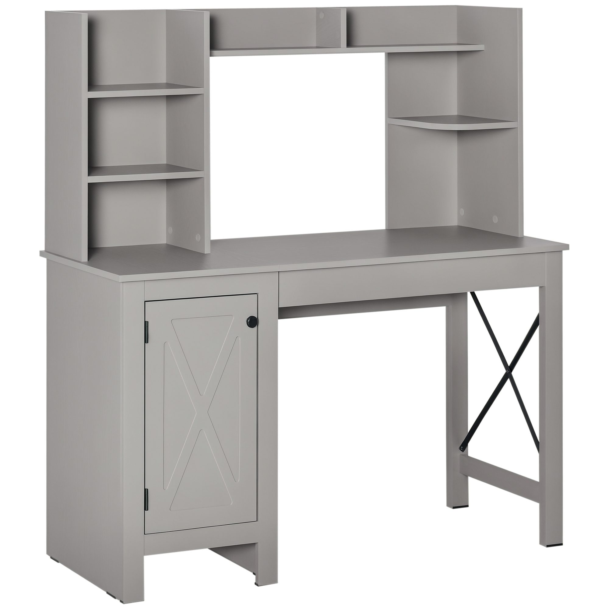 Computer Desk W/ Hutch, Home Office Desk W/ Storage Cabinet, Light Grey