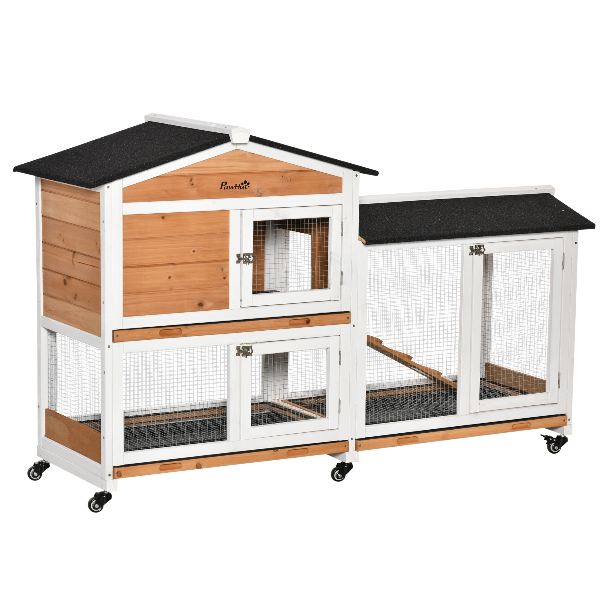 62" Wooden Mobile Rabbit Hutch with Wheels, Run Box, Slide-out Tray, Ramp, Yellow