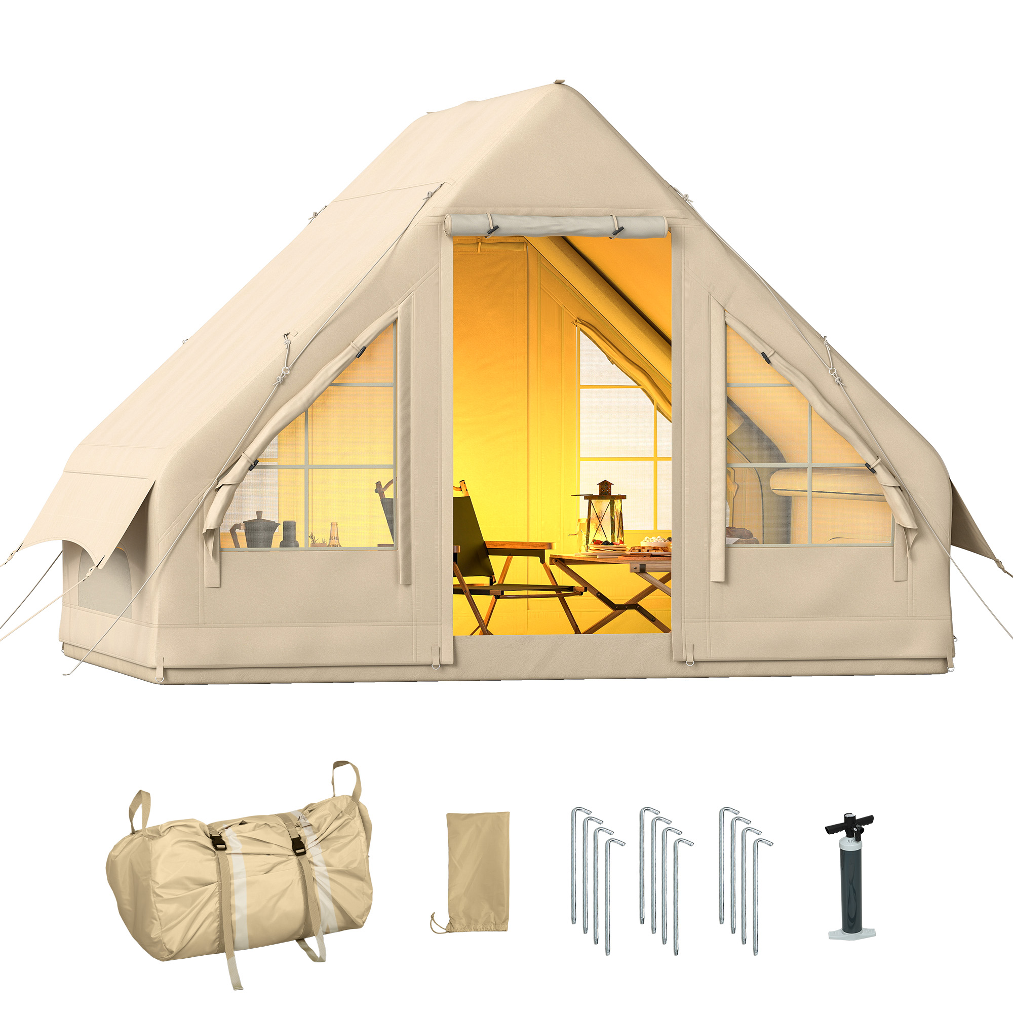 Inflatable Camping Tent with Hand Pump, 4 Season Blow Up Tent, Waterproof and Windproof with Mesh Windows and Doors
