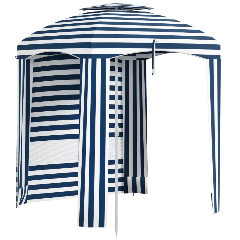 5.8' x 5.8' Cabana Umbrella for Travel, Walls, Vents, Ruffles, Carry Bag, Beach Umbrella, Blue & White Stripe