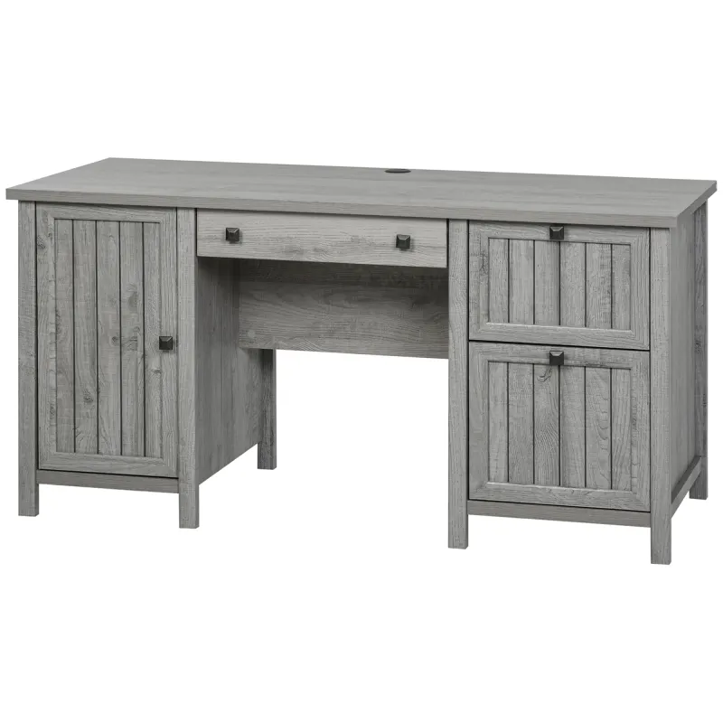  Vintage Executive Computer Desk, Home Office Work station, Student Table with Cabinet & 3 Drawers for Hanging Files, Grey