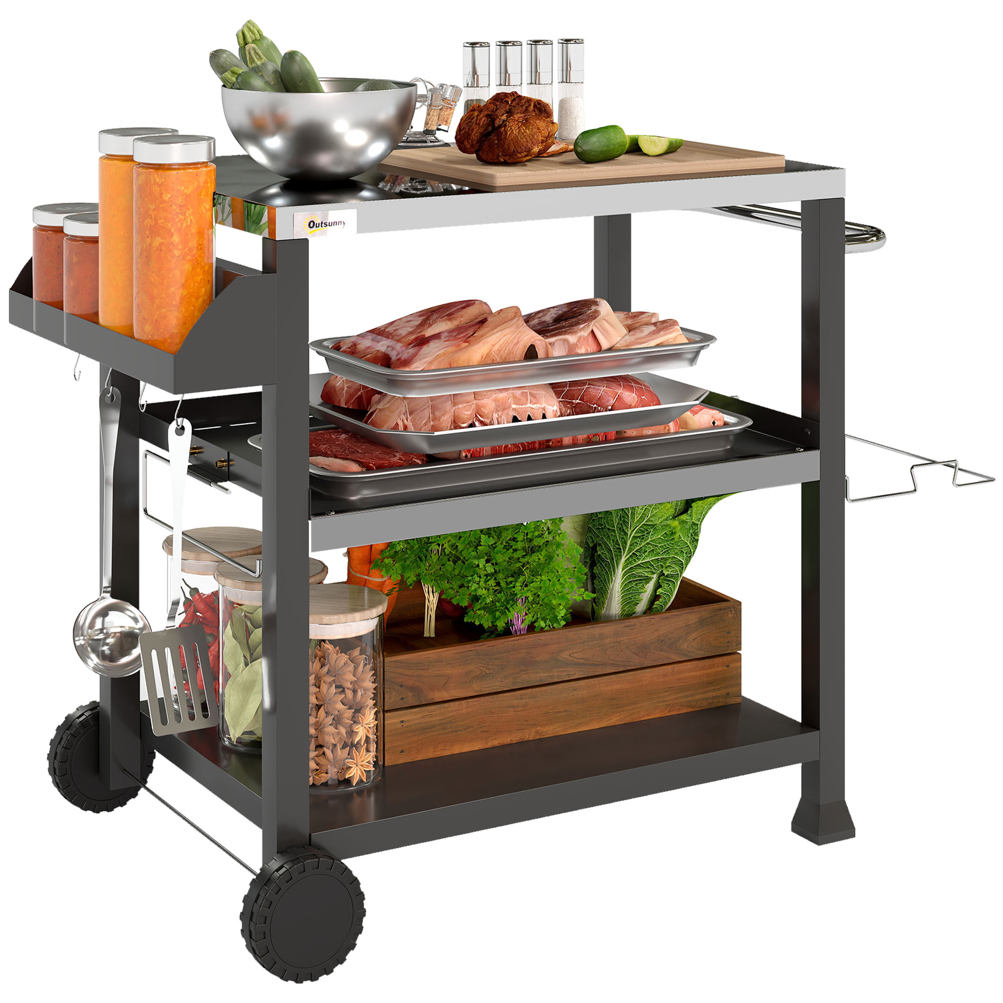3-Shelf Outdoor Grill Cart Table with Side Handle, Stainless Steel Pizza Oven Stand on Wheels, Black