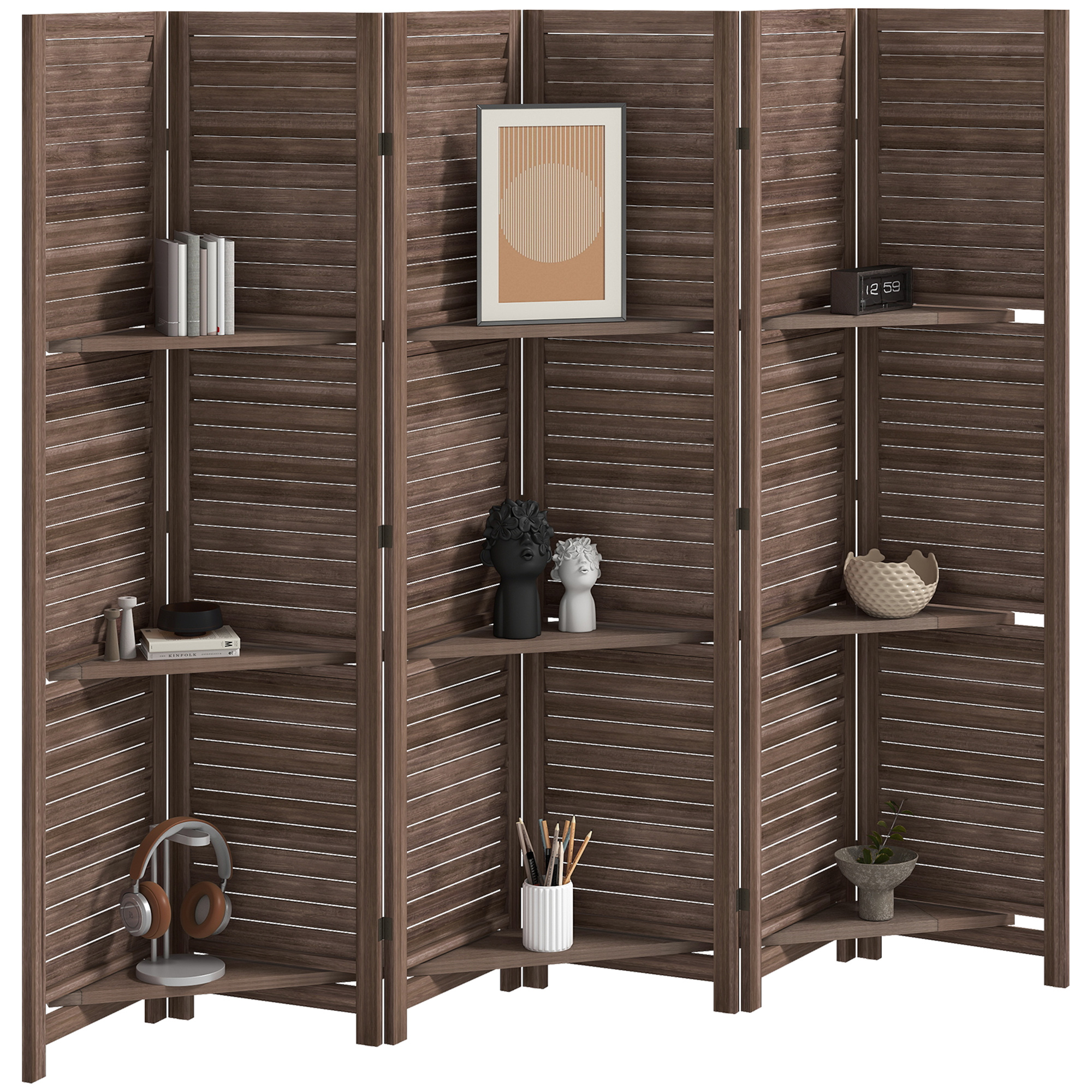 6 Panel 67" Tall Wood Privacy Screen Room Divider with 3 Shelves and Folding Storage for Bedroom, Walnut