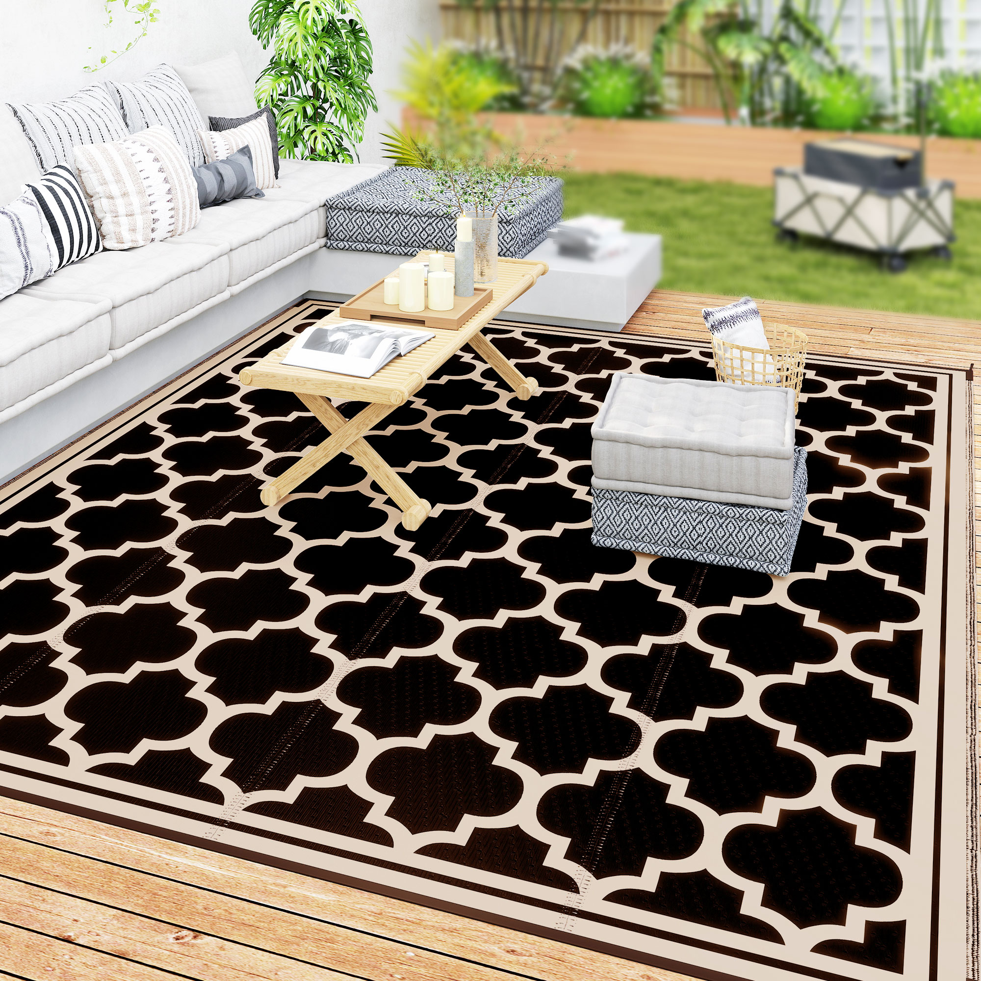 9' x 12' Reversible Outdoor RV Rug, Plastic Straw Rug for Camping, Deck, Beach, Black, Beige