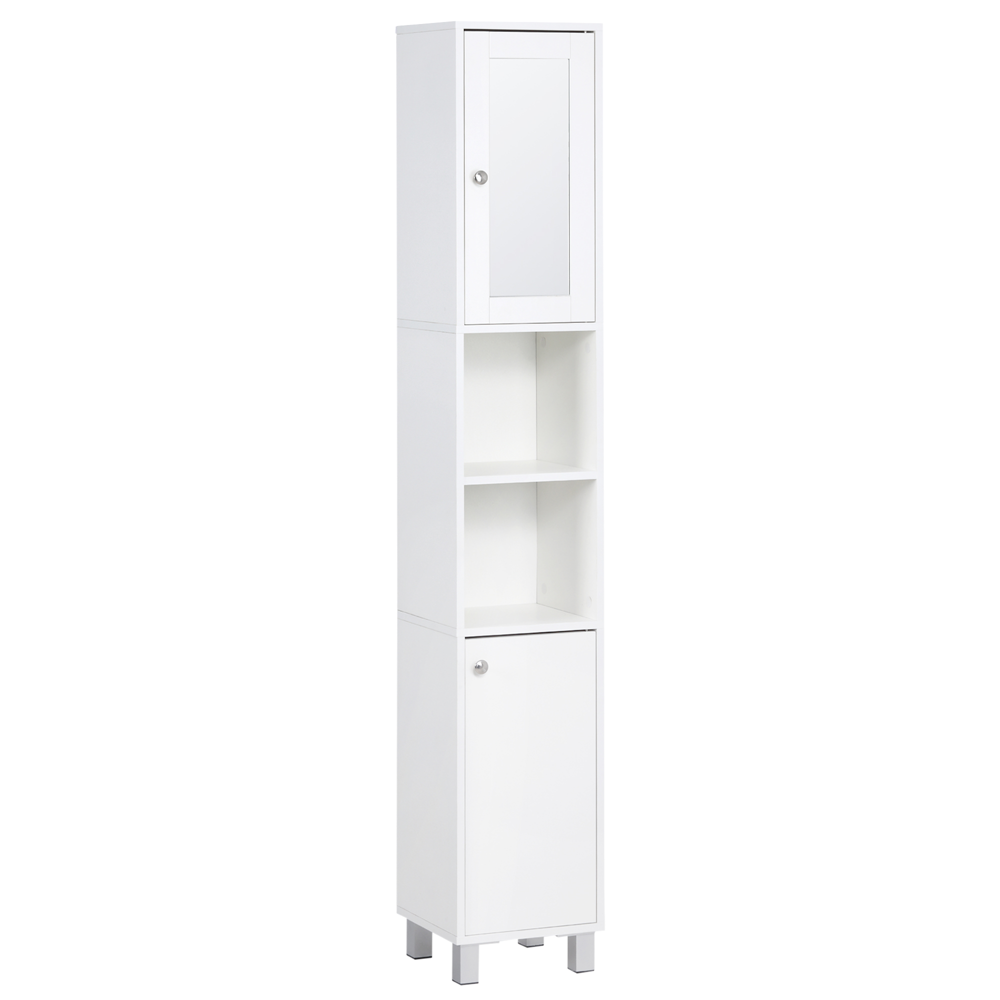  Tall Bathroom Storage Cabinet with Mirror, Wooden Freestanding Tower Cabinet with Adjustable Shelves for Bathroom or Living Room, White