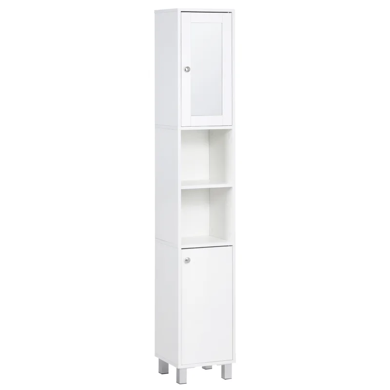 Tall Bathroom Storage Cabinet with Mirror, Wooden Freestanding Tower Cabinet with Adjustable Shelves for Bathroom or Living Room, White