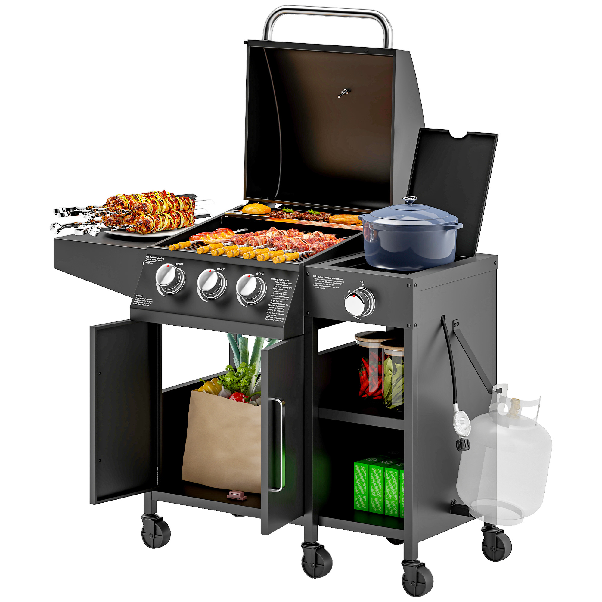 3 Burner Propane Gas Grill with Side Burner Barbecue Grill with Shelves, 9.5 KW Output, 310 Sq. in. Cooking Area