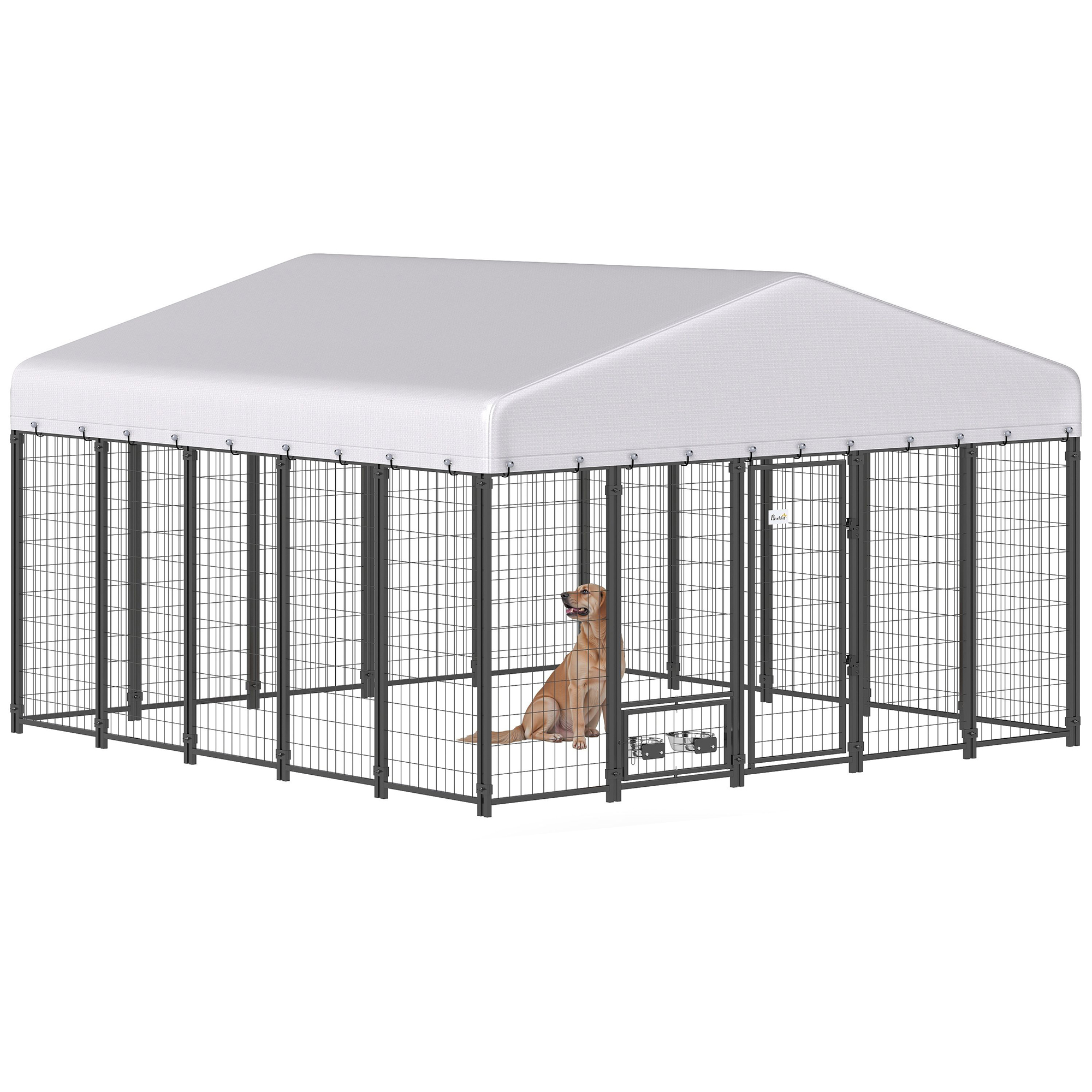 9.8' x 9.8' x 6' Outdoor Dog Kennel, Dog Kennel Outside Run with 360° Rotating Bowls, Waterproof & UV Resistant Cover