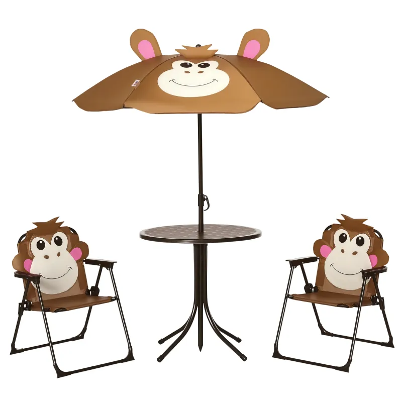  Kids Table and Chair Set, Outdoor Folding Garden Furniture, Picnic Table for Patio Backyard, with Removable & Height Adjustable Sun Umbrella, Aged 3-6 Years Old, Brown