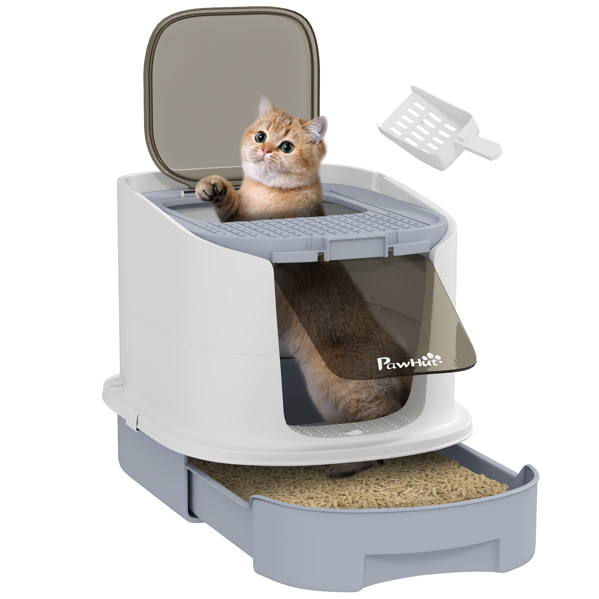 Covered Cat Litter Box with Lid, Drawer, Scoop, Top Entry, Deodorizing Bags, Odor Control, Easy to Clean, Gray