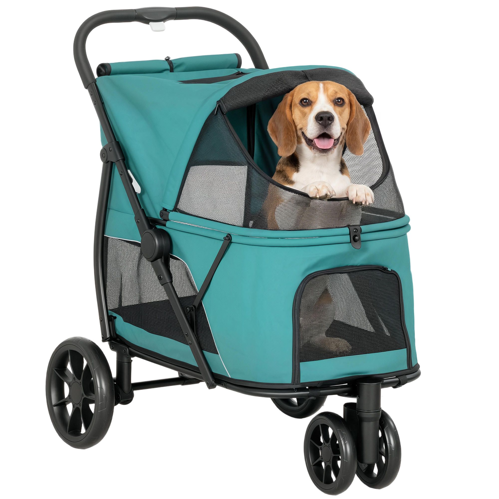 3 Wheel Pet Stroller with Easy One-Click Quick Fold, Mesh Window, Washable Cushion, for Medium Dogs, Dark Green