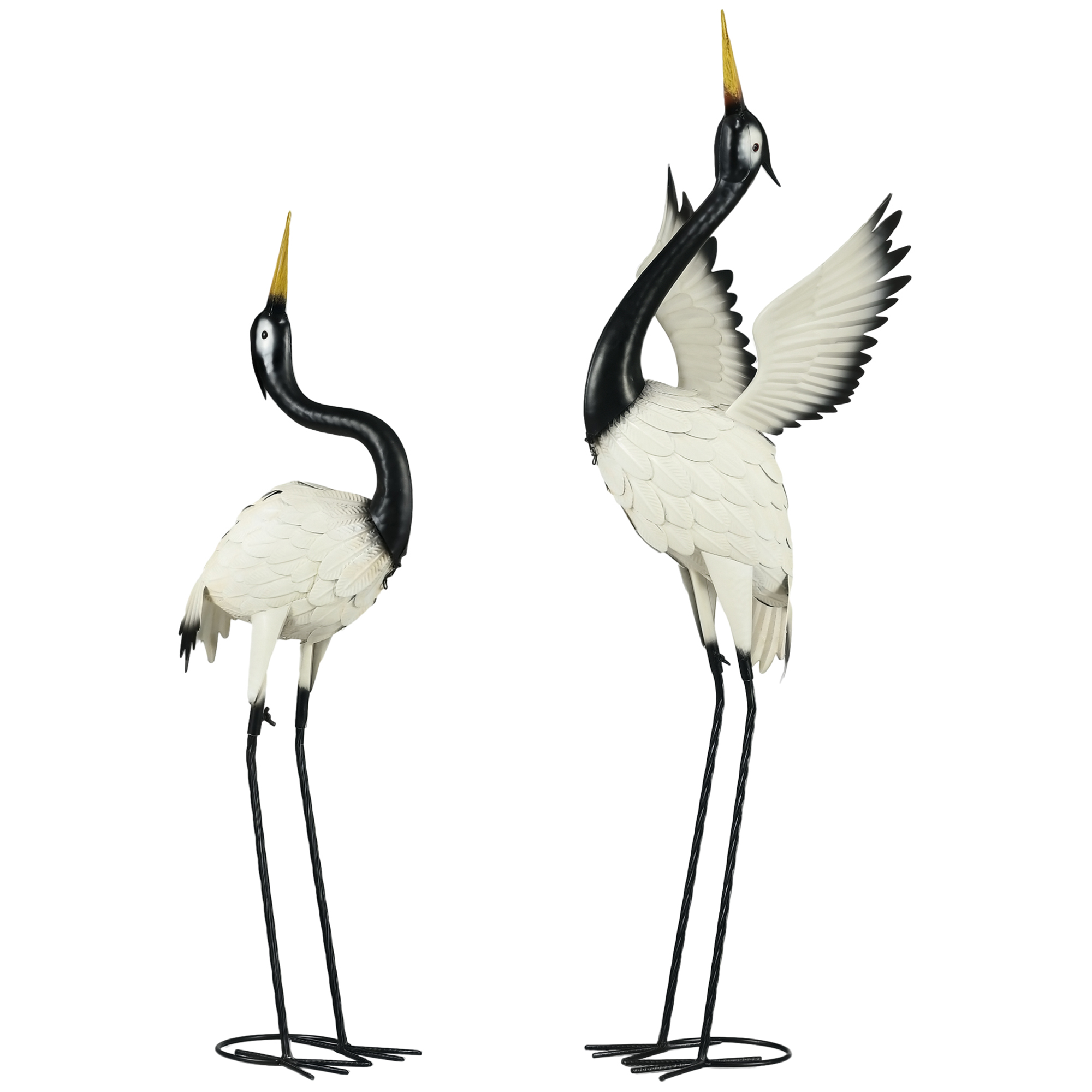 Set of 2 Garden Sculptures, Heron Garden Statues for Lawn, Patio, Backyard Decoration, 35.5" & 40.5", White & Black