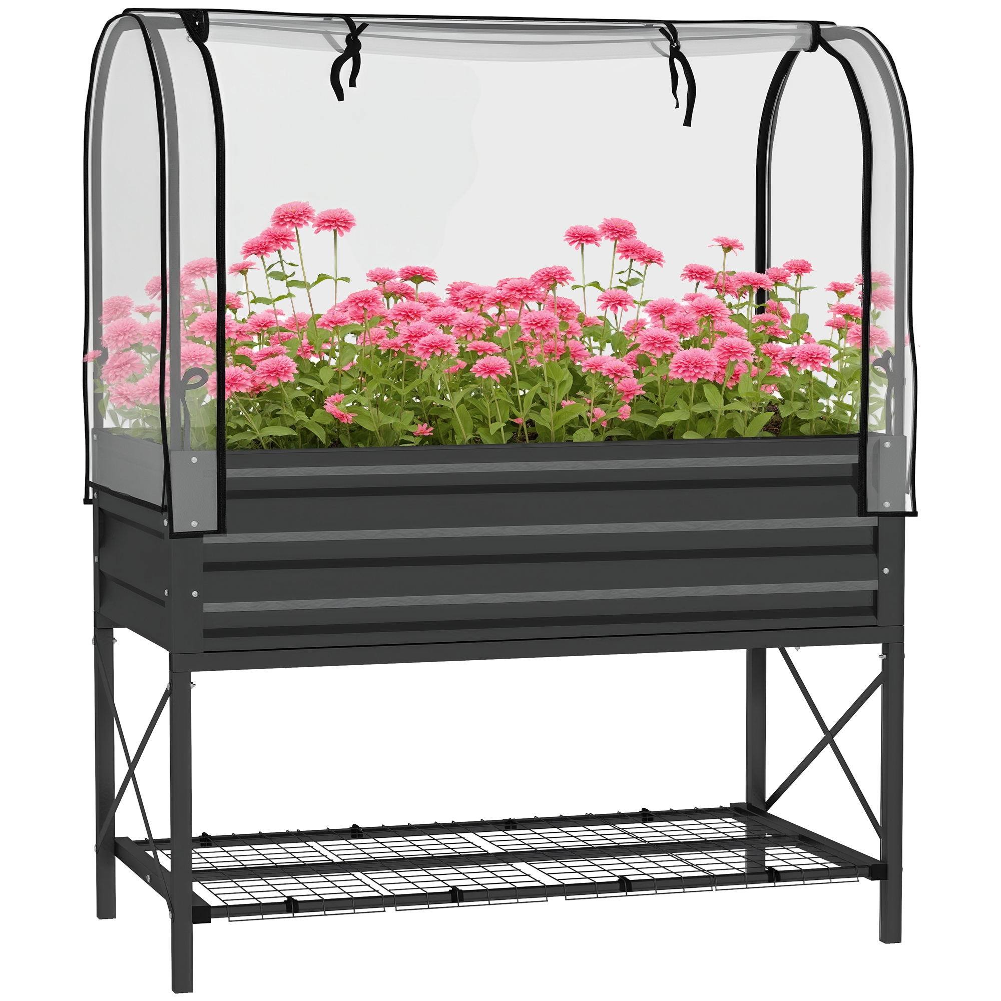 Raised Garden Bed with Legs and Cover, Metal Elevated Planter Box with Bottom Shelf and Liner for Vegetables, Black