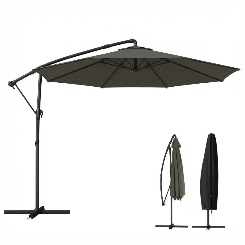 10 ft Offset Patio Umbrella with Cover, Hanging Cantilever Umbrella with 360° Rotation, Crank Handle, Tilt Grayish Brown