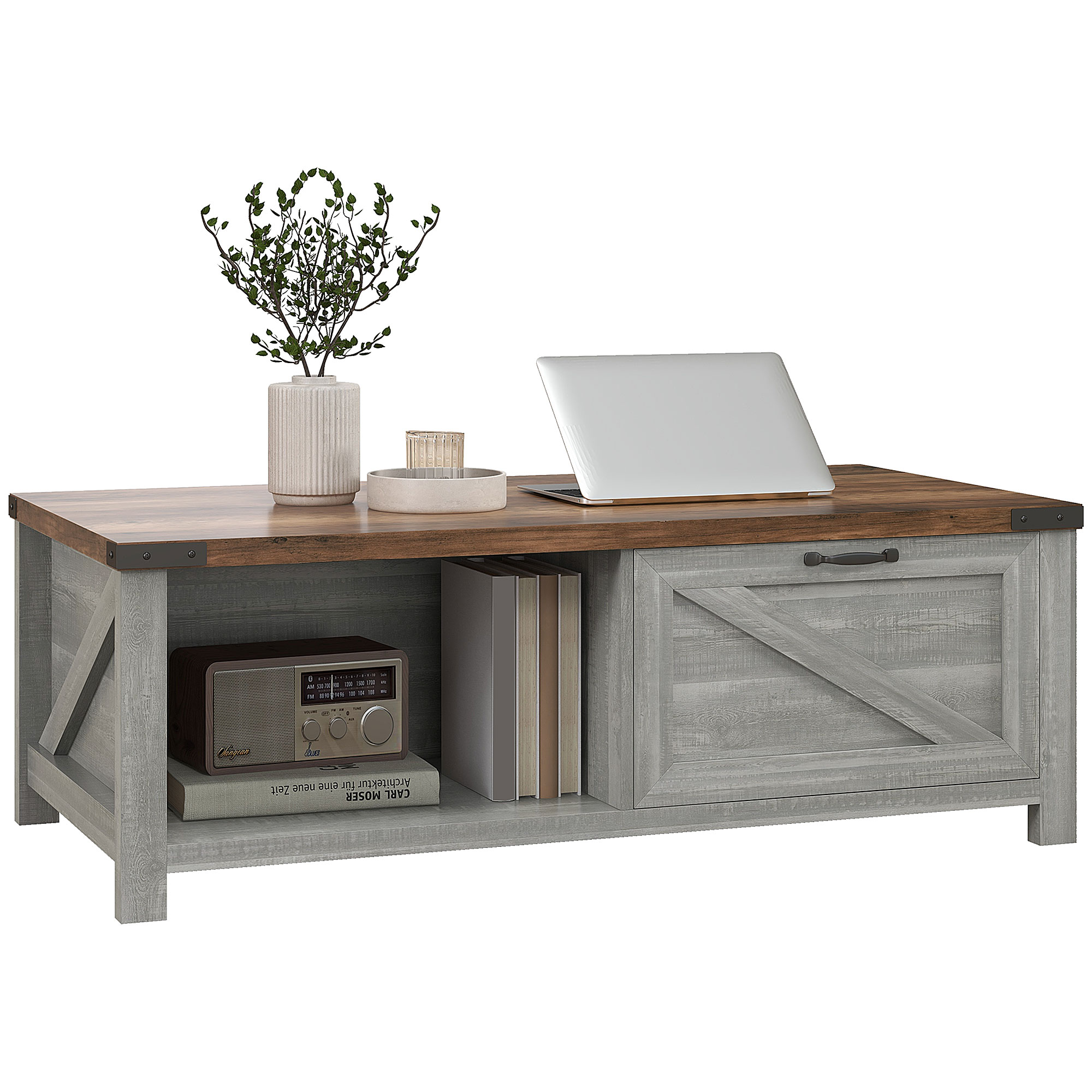 Coffee Table with Storage, Farmhouse Living Room Table with Storage Drawer and Open Shelf, Distressed Gray