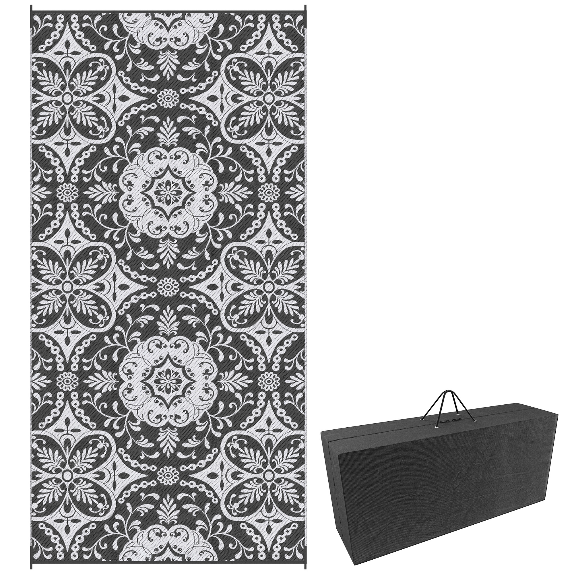 Outdoor Rug for Patio, 9' x 18' Waterproof Large Mat, Reversible Plastic Straw Rug for Decor, Portable Outside RV Camping Area Carpet Mat for Backyard Porch Deck Picnic, Gray & White Floral