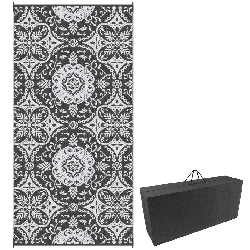 Outdoor Rug for Patio, 9' x 18' Waterproof Large Mat, Reversible Plastic Straw Rug for Decor, Portable Outside RV Camping Area Carpet Mat for Backyard Porch Deck Picnic, Gray & White Floral