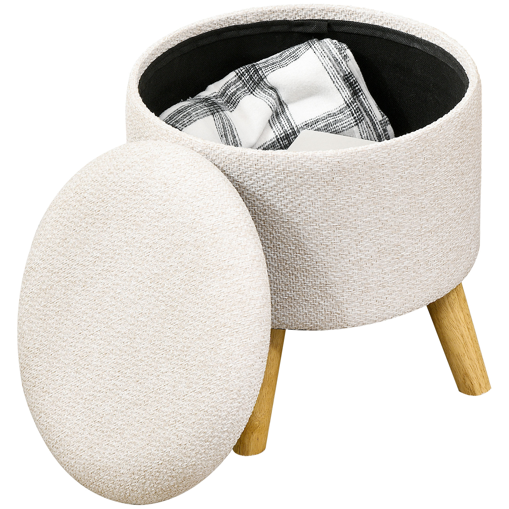 Round Ottoman Stool with Storage, Linen Fabric Upholstered Foot Stool with Padded Seat, Hidden Space and Wood Legs