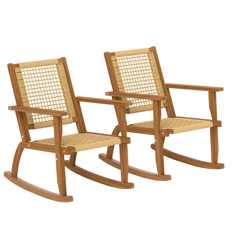 Outdoor Lawn Rocking Chair Set of 2, Acacia Wood Patio Rocking Chairs with Wicker Back and Seat for Garden, Khaki