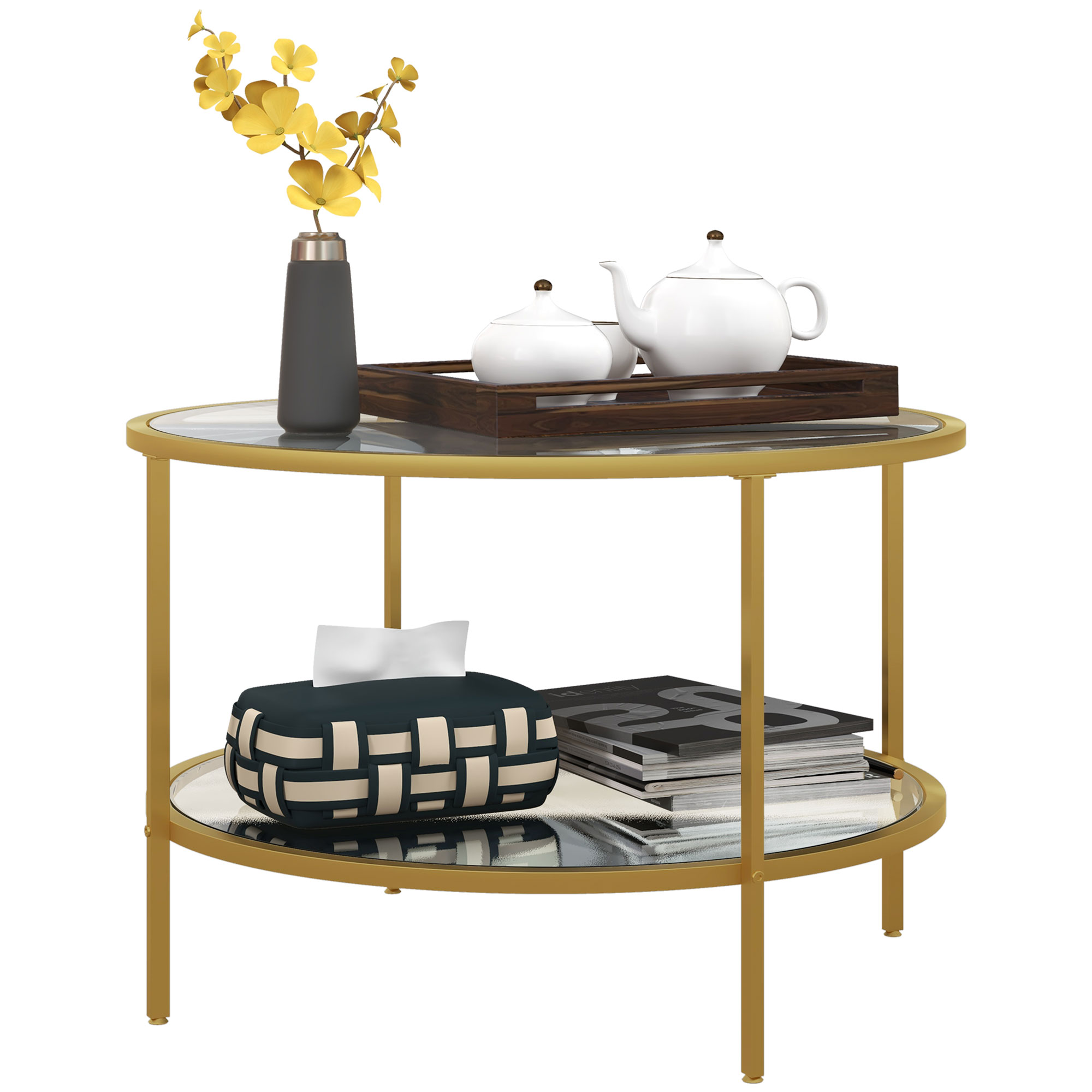 Side Table with Storage, 26" Round End Table, 2-Tier Tempered Glass Coffee Table with Steel Frame for Living Room, Gold