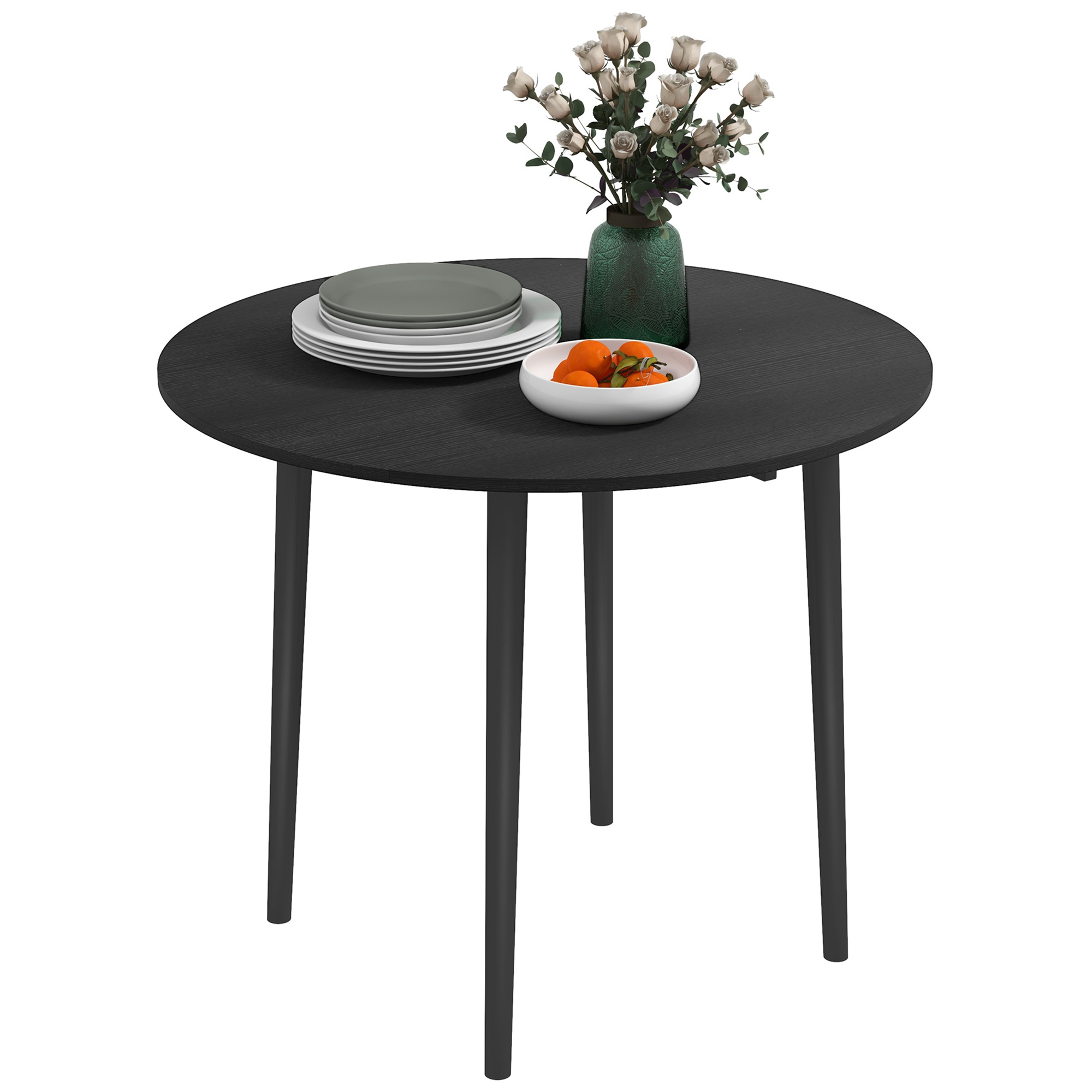 Folding Dining Table, Round Drop Leaf Kitchen Table for Small Spaces with Wood Legs, Black