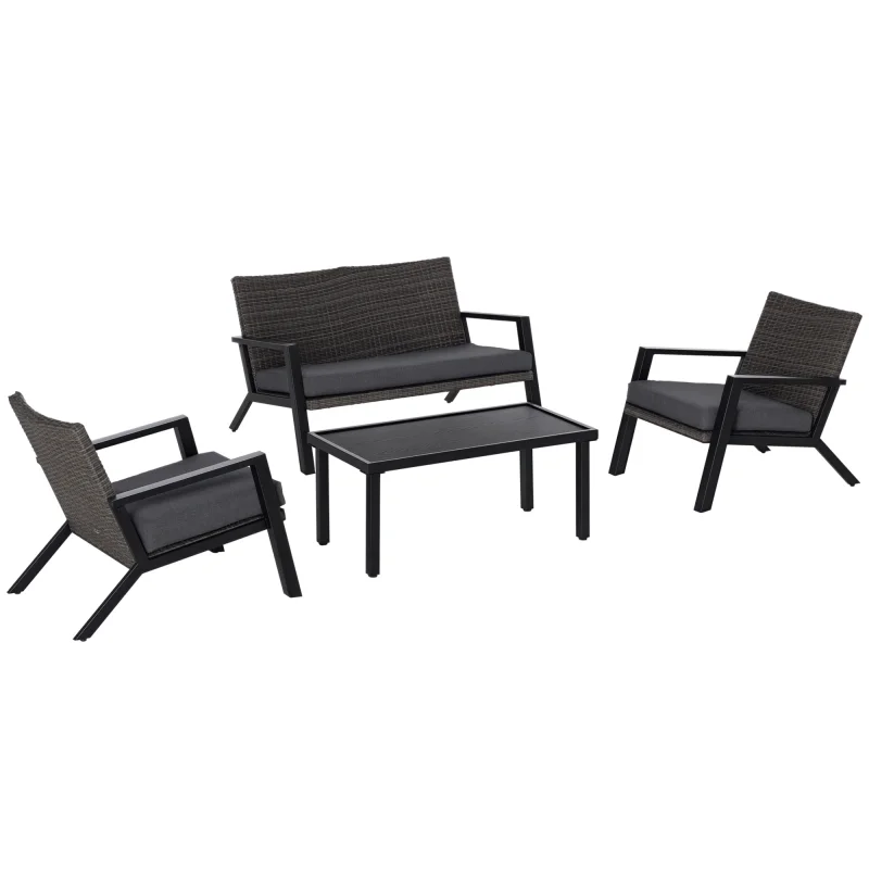  4 Piece Patio Furniture Set, 2 PE Wicker Chairs, Loveseat Sofa, Outdoor Coffee Table, Soft Cushions, Couch & Armchairs for Backyard, Garden, Black
