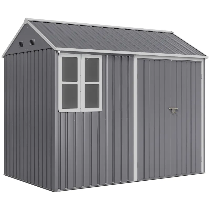 8' x 5.5' Metal Garden Storage Shed, Extra Large Outdoor Tool Storage House w/Lockable Doors, Window, Air Vents, Gray