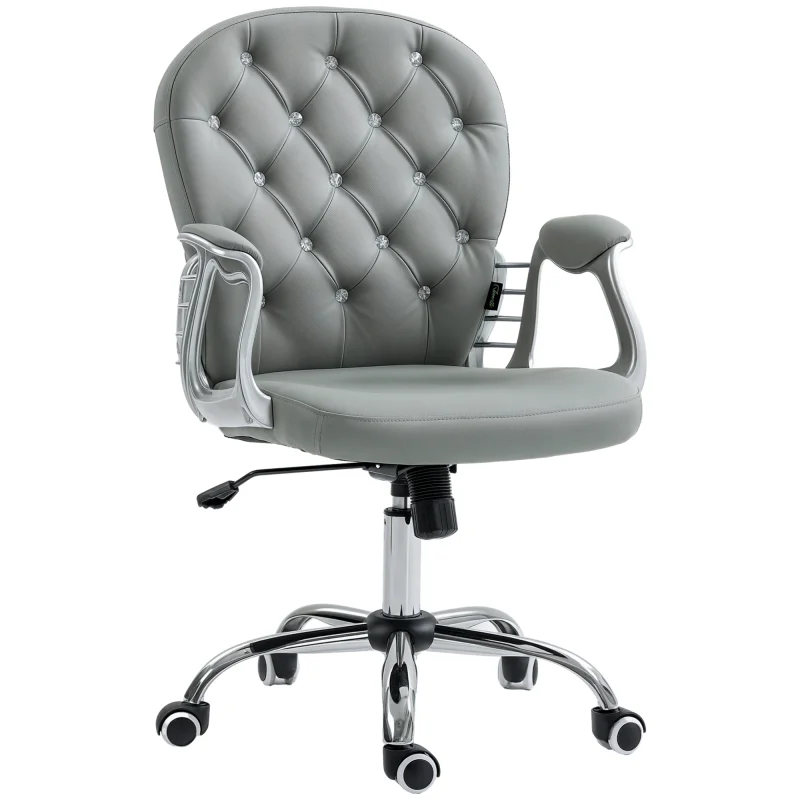 Button Tufted Desk Chair, Home Office Chair with Padded Armrests, Adjustable Height and Swivel Wheels, Gray