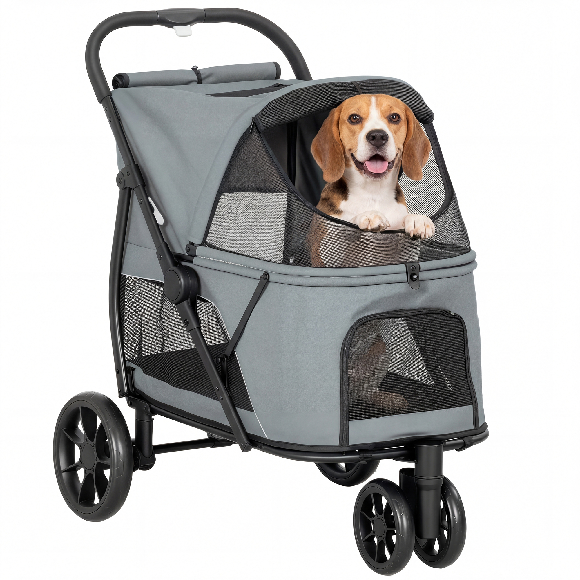 3 Wheel Pet Stroller with Easy One-Click Quick Fold, Mesh Window, Washable Cushion, for Medium Dogs, Gray