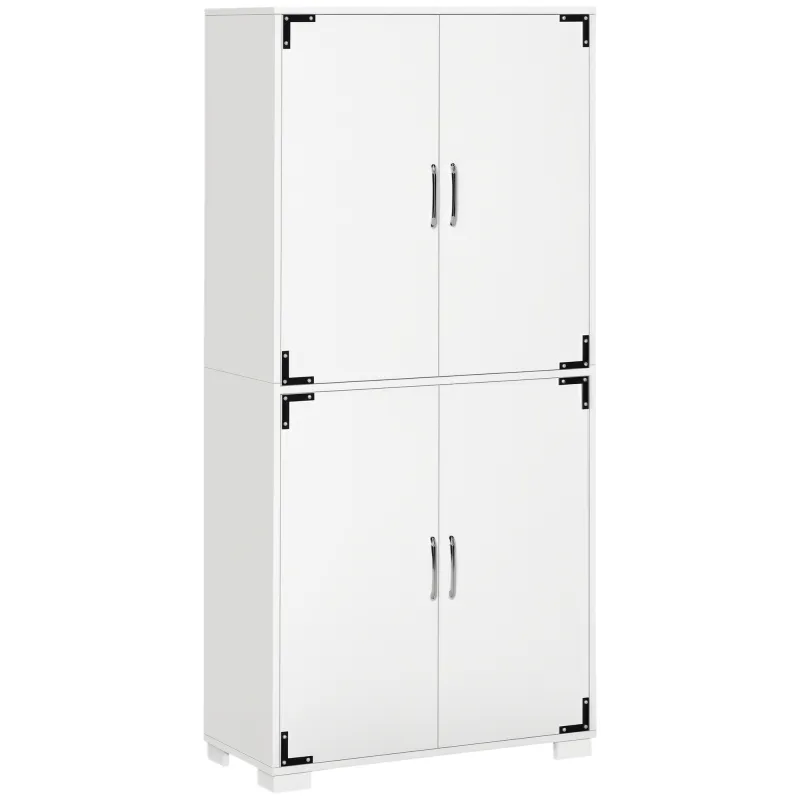 Industrial Kitchen Pantry Cabinet with 4 Doors and Storage Shelves, Freestanding Storage Cabinet, White