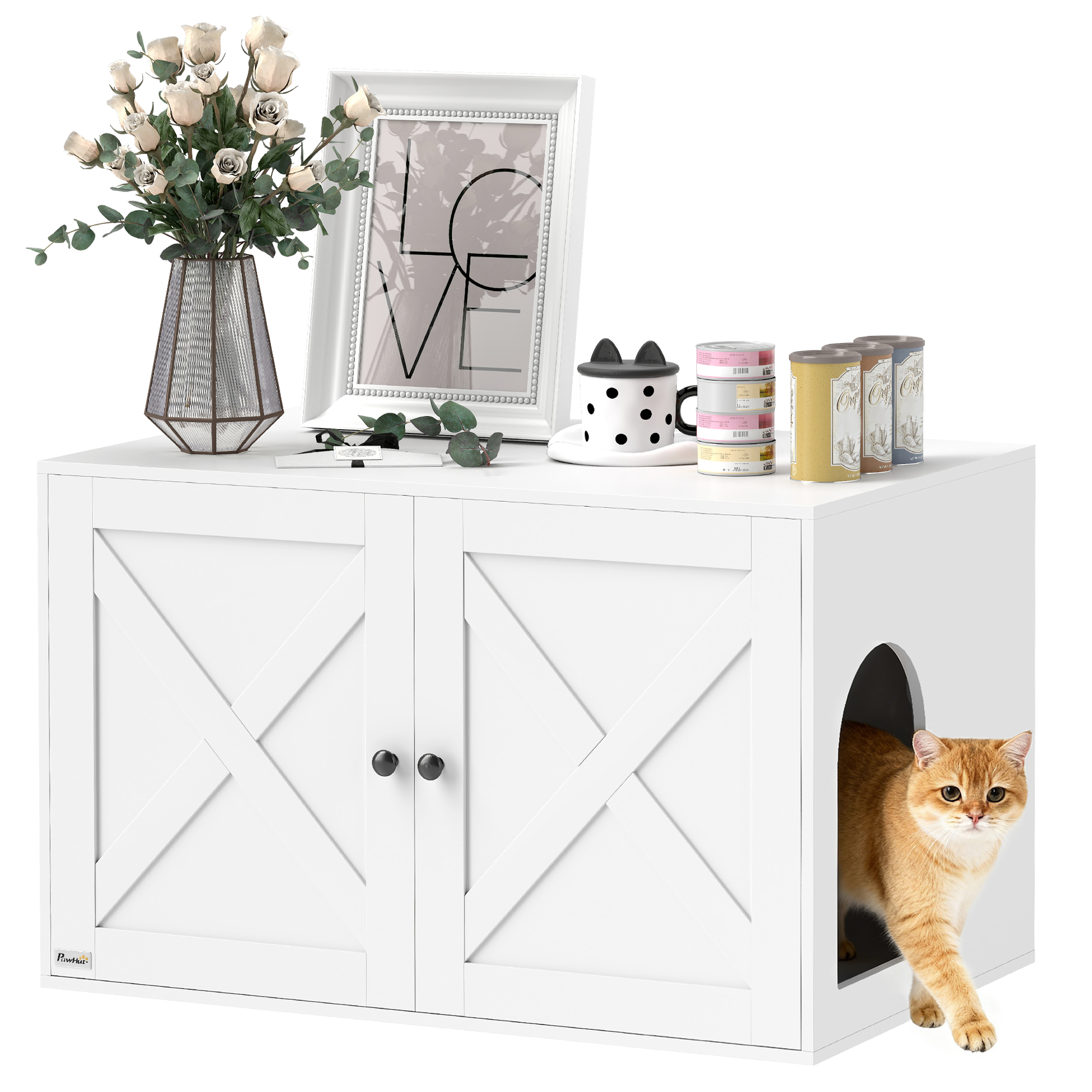 Cat Litter Box Enclosure with Barn Door, Cat Hole, 31.5" x 21" x 20", White