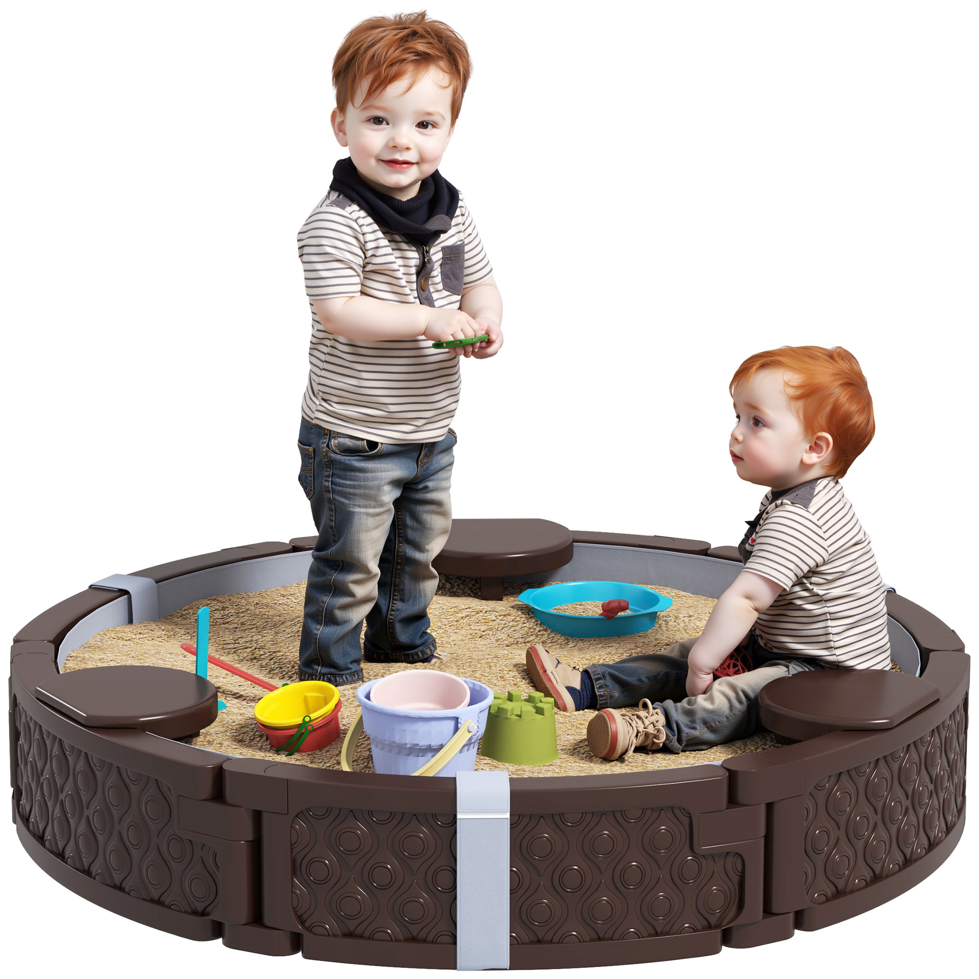 47" Round Kids Sandbox with Cover, 3 Seats, Waterproof Bottom Liner, for Backyard, Lawn, Garden, Beach, Patio, Brown