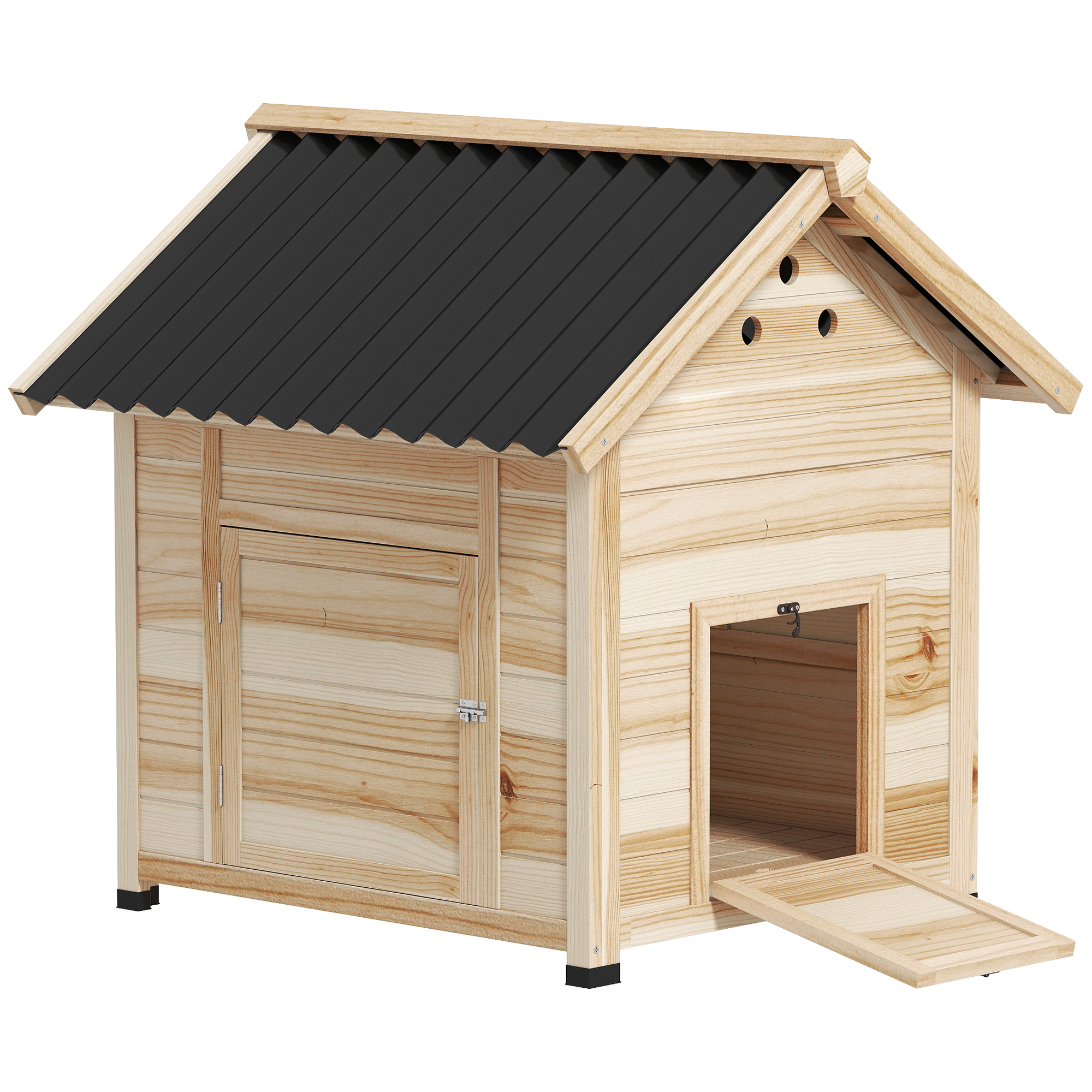 Duck Coop, Wooden Duck House with Openable Roof & Double Doors, Natural Wood