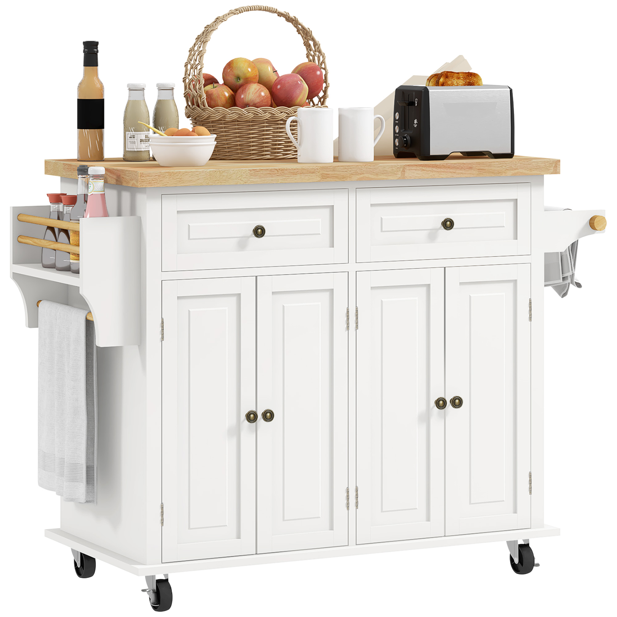 Kitchen Island on Wheels, Rolling Cart with Rubberwood Top, Spice Rack, Towel Rack and Drawers, Cream White