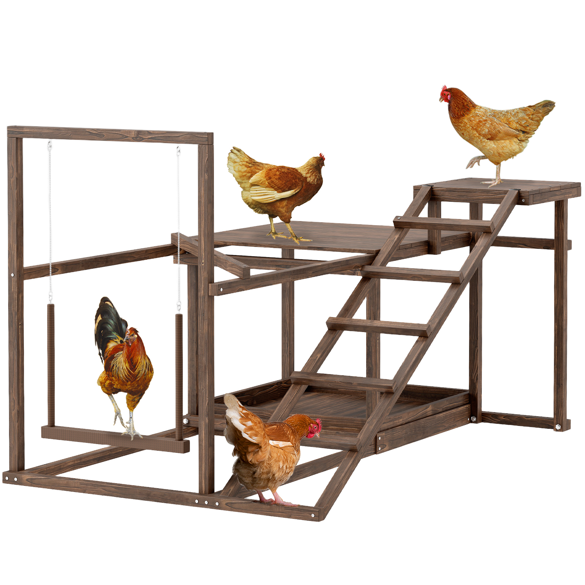 Wooden Chicken Activity Play Set with Perch, Swing, Ladder, Platforms, Feeder Storage, Coffee