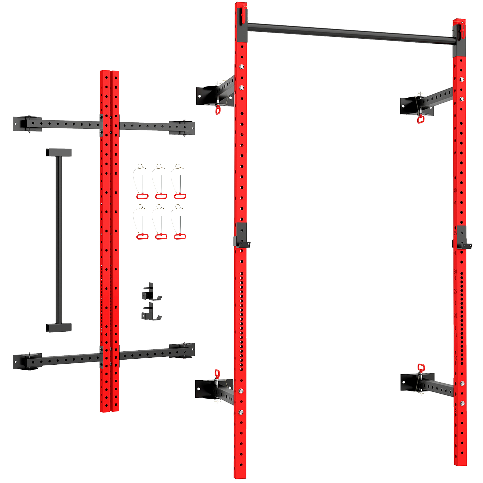 Folding Squat Rack with Pull Up Bar, Wall Mounted and Adjustable, 1000 Pounds Capacity Power Rack, Red