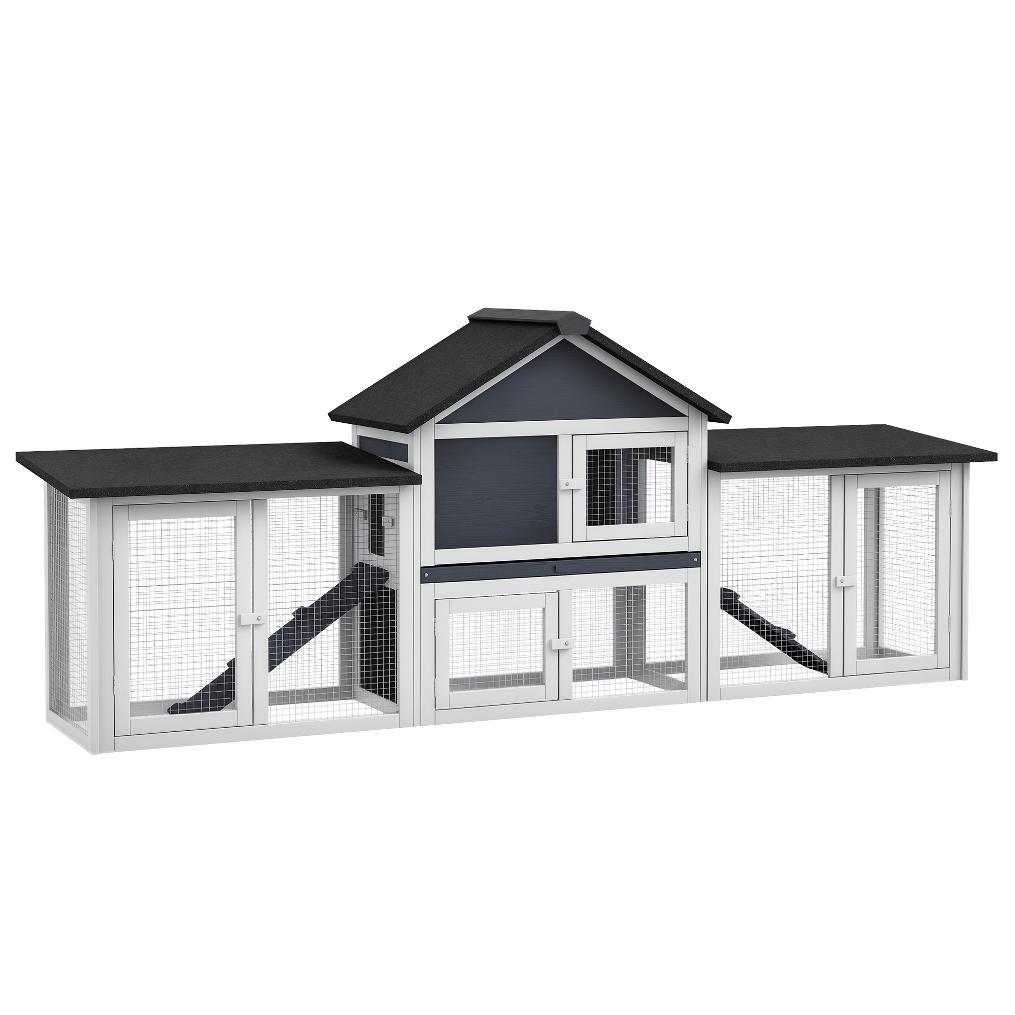 Outdoor Rabbit House 83" 2 Story Deluxe XL Wooden Rabbit Hutch, Big Bunny Cage w/ Ladder and Run, Dark Gray