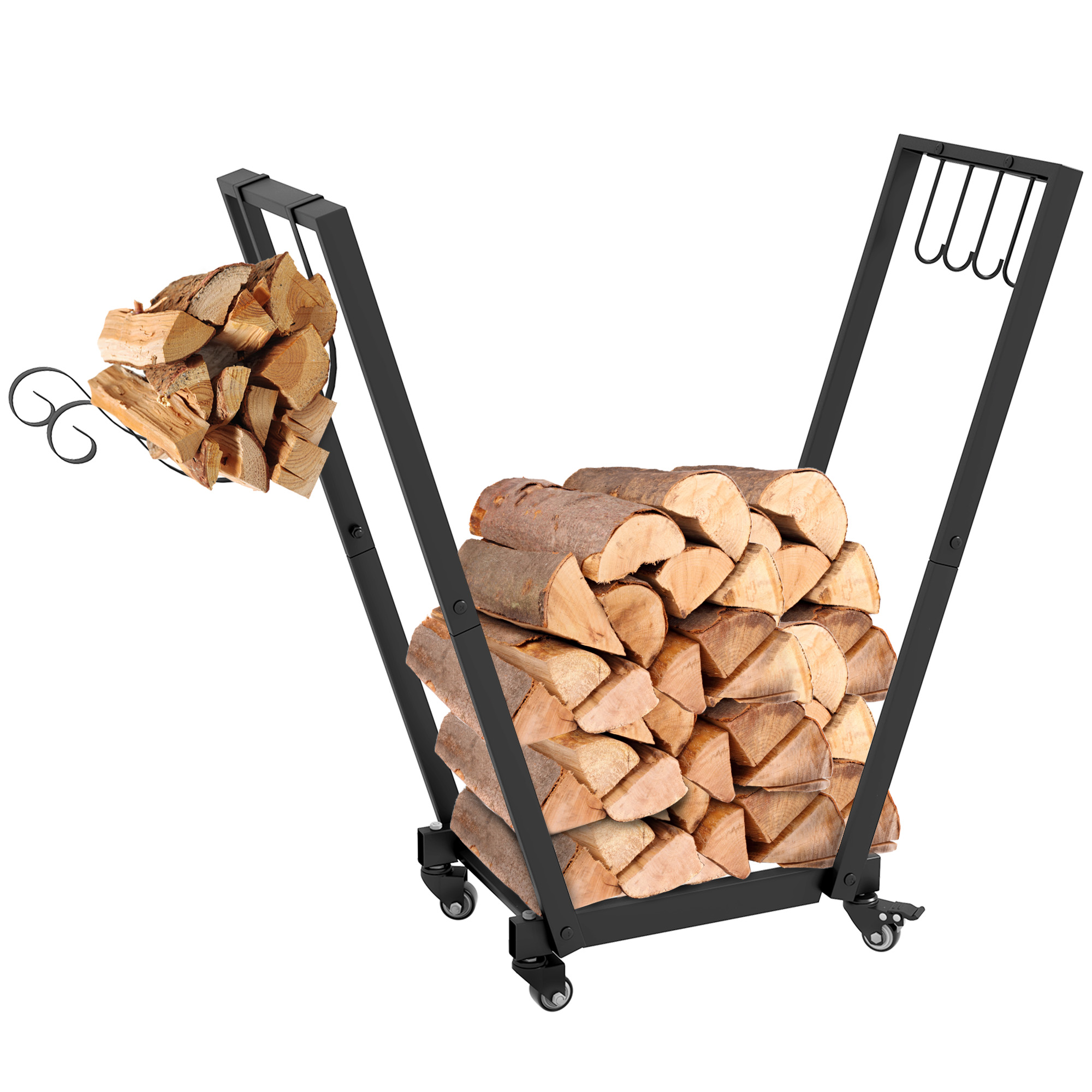 Firewood Rack with Wheels, Metal Log Holder with Kindling and Tool Hooks, Indoor/Outdoor, 31.1" x 11.8" x 31.9", Black