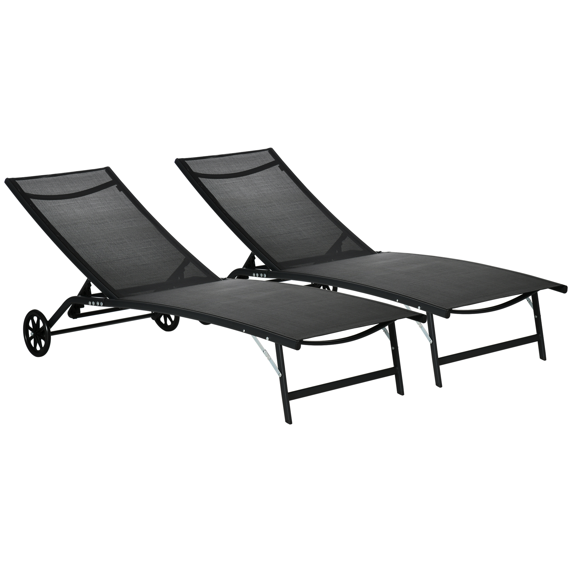  Chaise Lounge Outdoor, 2 Piece Lounge Chair with Wheels, Tanning Chair with 5 Adjustable Positions for Patio, Beach, Yard, Pool, Black