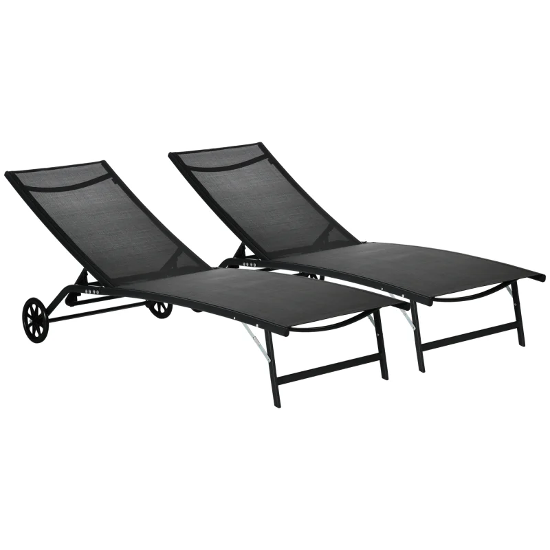  Chaise Lounge Outdoor, 2 Piece Lounge Chair with Wheels, Tanning Chair with 5 Adjustable Positions for Patio, Beach, Yard, Pool, Black