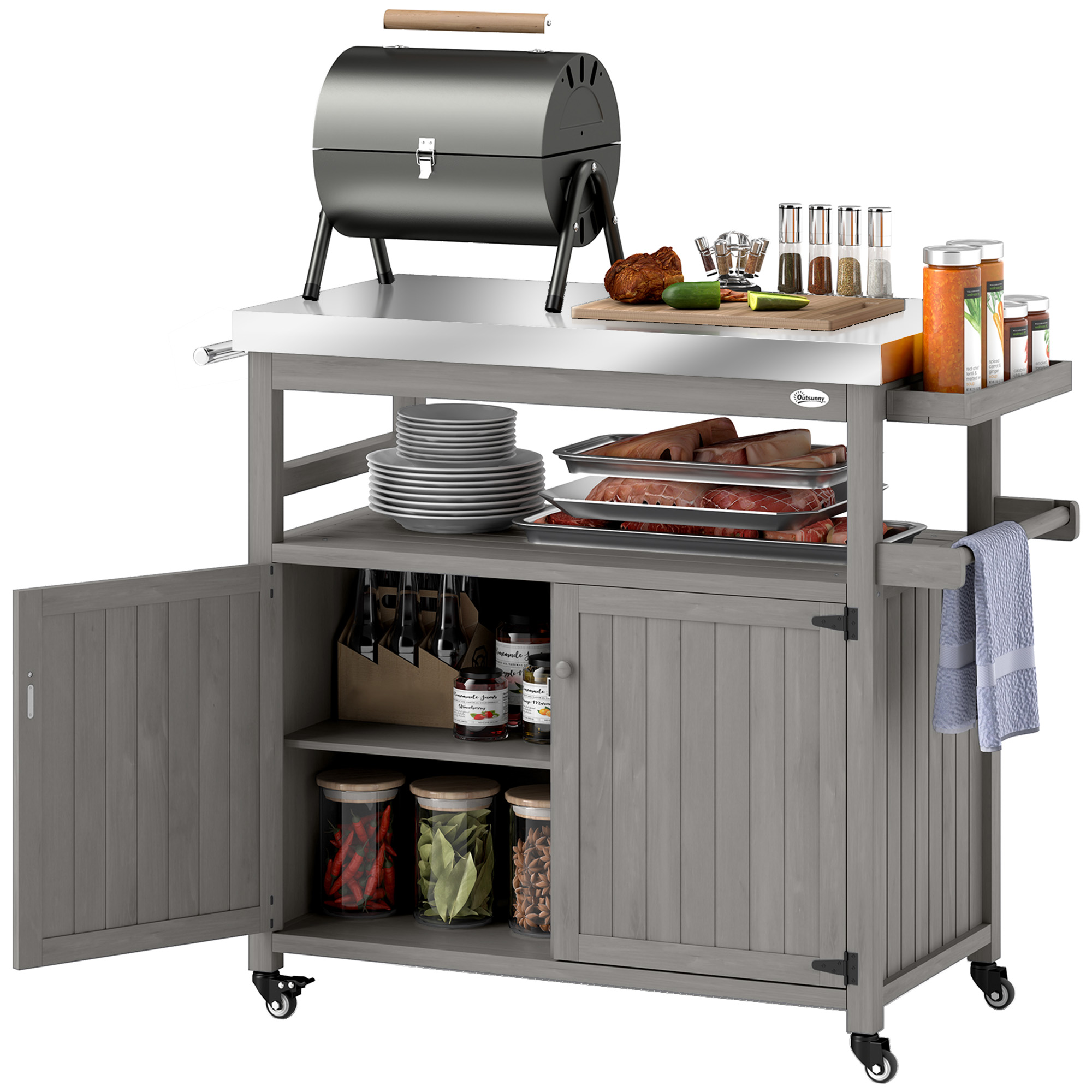 Outdoor Grill Cart w/ Stainless Steel Top, Solid Wood Outdoor Kitchen Island w/ Wheels, Storage Cabinets, Gray