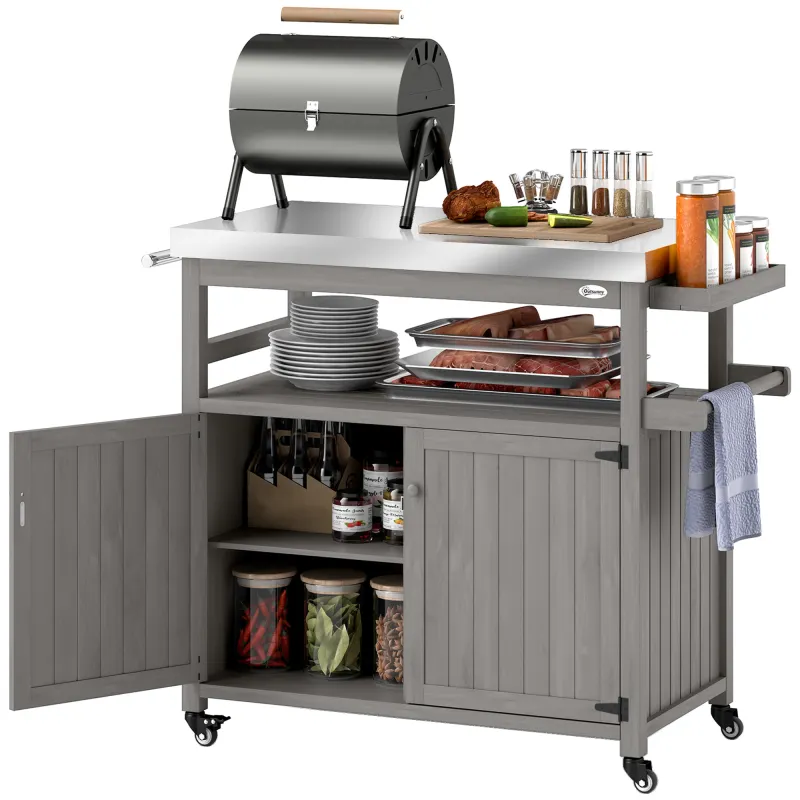 Outdoor Grill Cart w/ Stainless Steel Top, Solid Wood Outdoor Kitchen Island w/ Wheels, Storage Cabinets, Gray