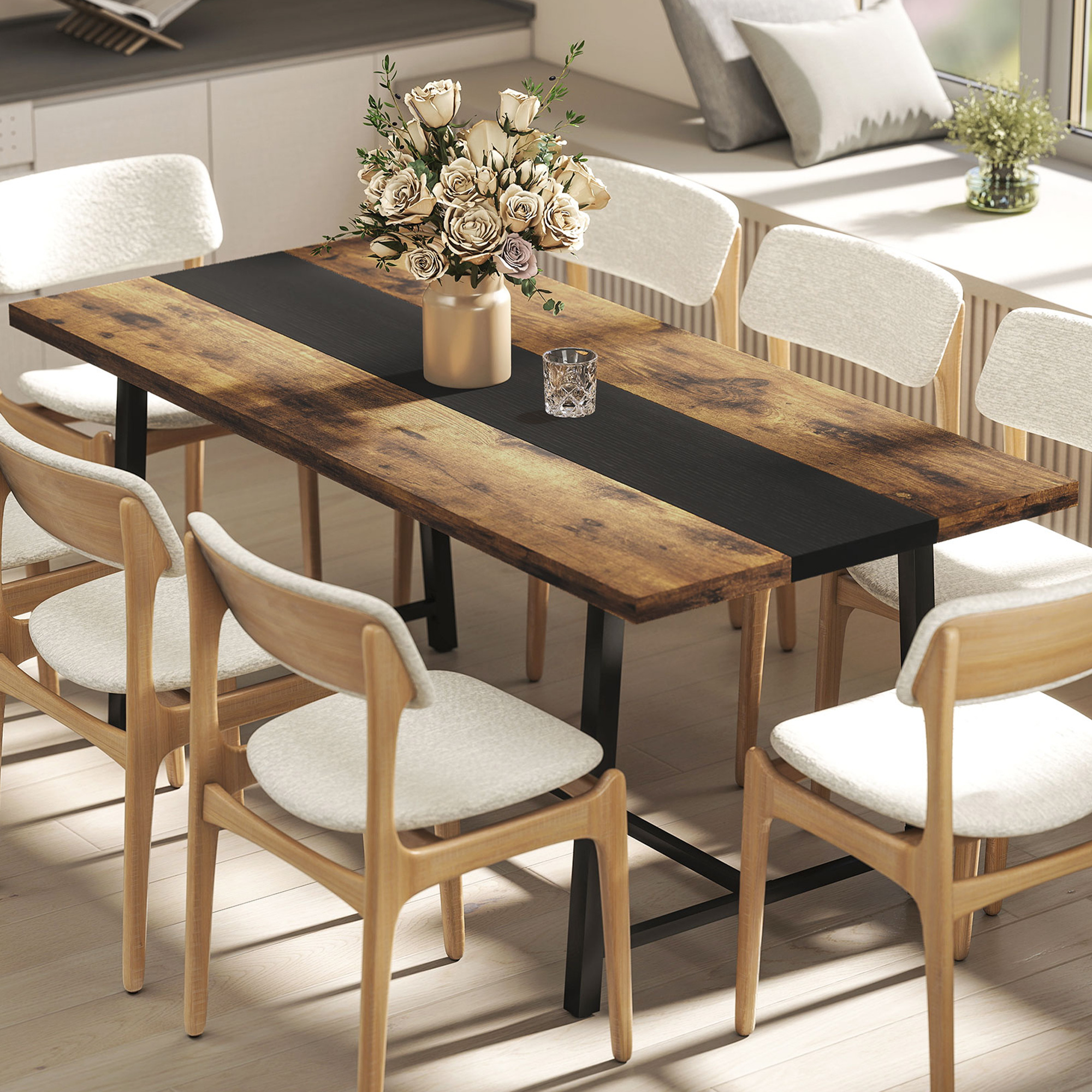 Industrial Kitchen Table for 8 People, 70.9" Long Dining Table with Large Tabletop and Steel Legs for Dining Room, Brown