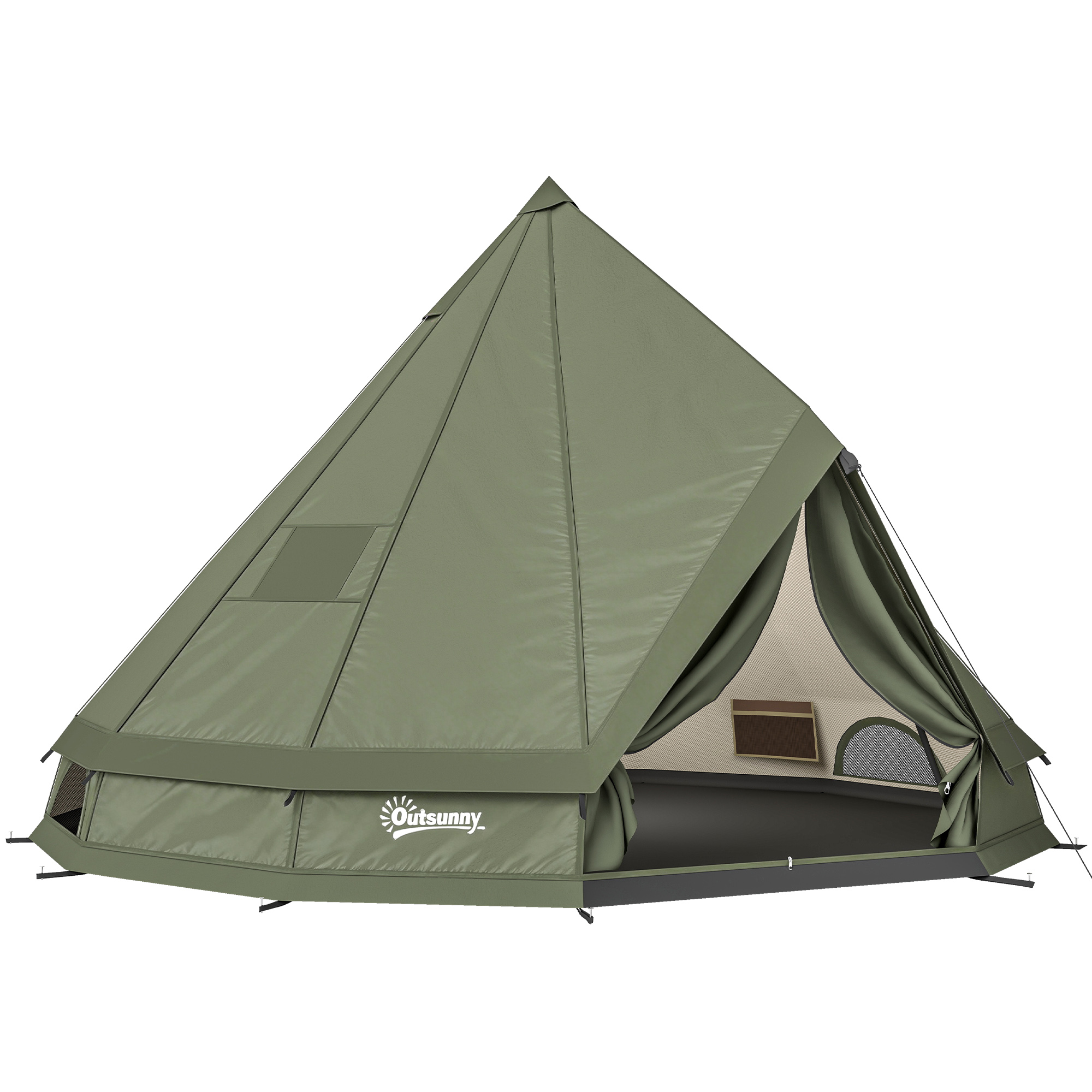 Teepee Tent Waterproof Camping Tent with Stove Jack for 4-6 People for Outdoor Camping Hiking Army Green